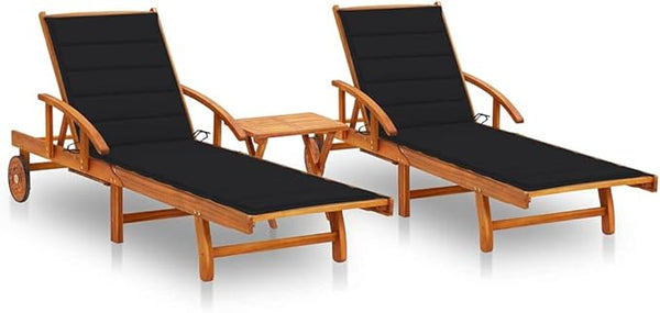 2-Piece Sun Lounger Set with Foldable Table and Cushions Solid Acacia Wood Outdoor Lounge Chairs Adjustable Recliner - Photo 1