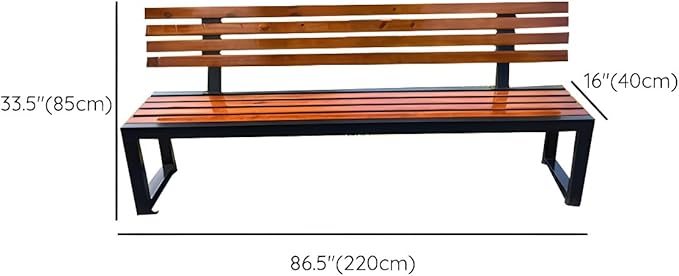 LITFAD Mid-Century Metal Park Bench in Black with Waterproof Wood Seating Gym Rest Bench Patio Bench for Outdoor Use - 87" L x 16" W x 33" H