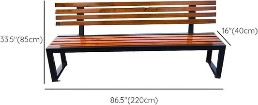 LITFAD Mid-Century Metal Park Bench in Black with Waterproof Wood Seating Gym Rest Bench Patio Bench for Outdoor Use - 87" L x 16" W x 33" H