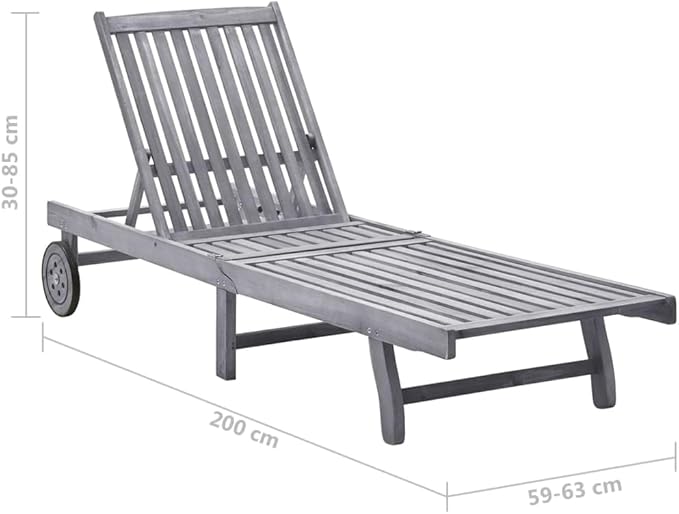 Adjustable Sun Lounger with Cushion, Solid Acacia Wood Outdoor Chaise Lounge, Gray Patio Furniture for Garden, Poolside - Photo 2