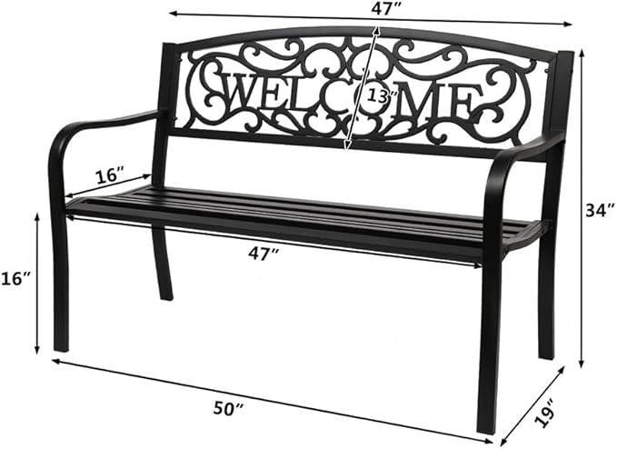 50" Outdoor Garden Bench Patio Park Bench, Cast Iron Park Benches for Park, Porch, Lawn, Balcony, Backyard, Garden Accessories,Welcome Design,Black