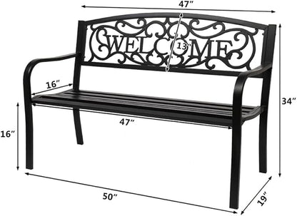 50" Outdoor Garden Bench Patio Park Bench, Cast Iron Park Benches for Park, Porch, Lawn, Balcony, Backyard, Garden Accessories,Welcome Design,Black