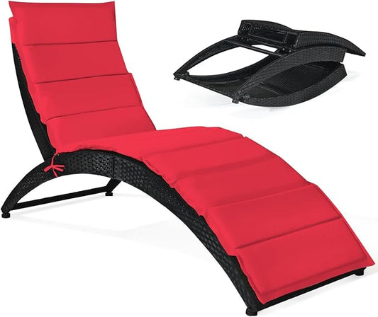 DORTALA Foldable Patio Lounge Chair, Outdoor Rattan Wicker Chaise with Cushion for Backyard Garden Lawn Balcony Poolside, Red