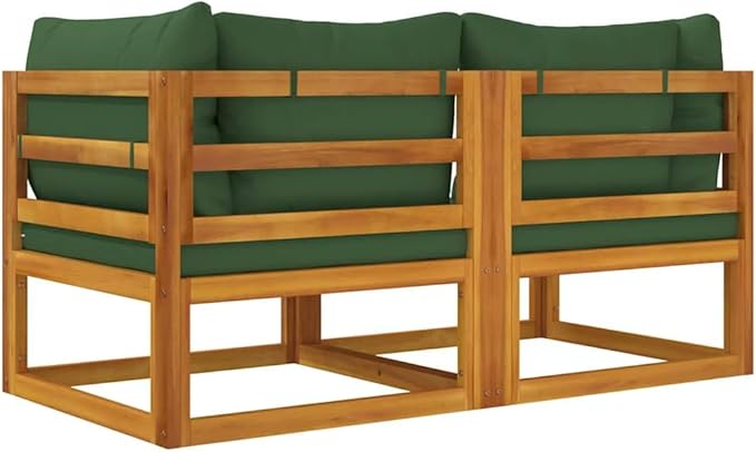 Corner Sofa with Green Cushions, Solid Acacia Wood Frame, Weather-Resistant Outdoor Sectional for Patio, Garden, Backyard Seating