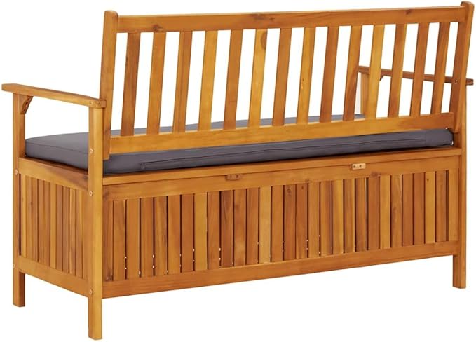 Rustic Solid Acacia Wood Storage Bench with Dark Grey Seat Cushion and Natural Wood Finish for Indoor Outdoor Use, Durable Seating Furniture with Generous Internal Space,