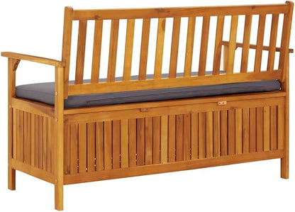 Rustic Solid Acacia Wood Storage Bench with Dark Grey Seat Cushion and Natural Wood Finish for Indoor Outdoor Use, Durable Seating Furniture with Generous Internal Space,