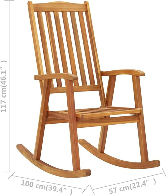 Solid Acacia Wood Rocking Chair with Cushions for Patio and Indoor Relaxation Vintage Style High Backrest Comfortable Seating Furniture
