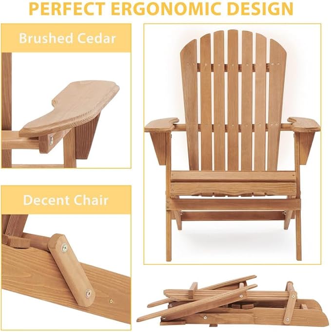 Premium Folding Adirondack Chairs Set of 2 - Solid Cedar Wood Outdoor Lounge Chairs with Embossed Wood Grain, Weather Resistant Patio Furniture for Garden, Poolside, Fire Pit & Backyard