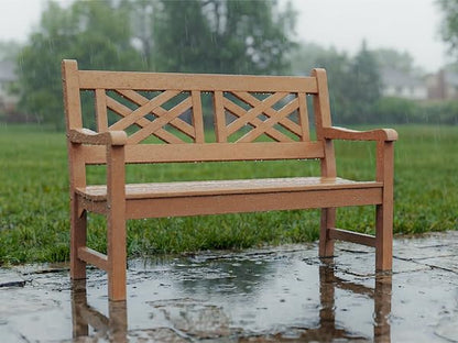 Psilvam 49''W All-Weather Poly Lumber Outdoor Bench – 2- Person Garden Bench with Decorative Backrest & Curved Armrests, Anti-Fade Patio Bench for Porch, Backyard, and Park(Teak Color)