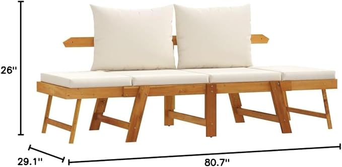 Cream White Solid Acacia Wood 2-in-1 Adjustable Garden Bench with Convertible Design and Adjustable Armrests for Outdoor Seating and Patio Furniture, Durable