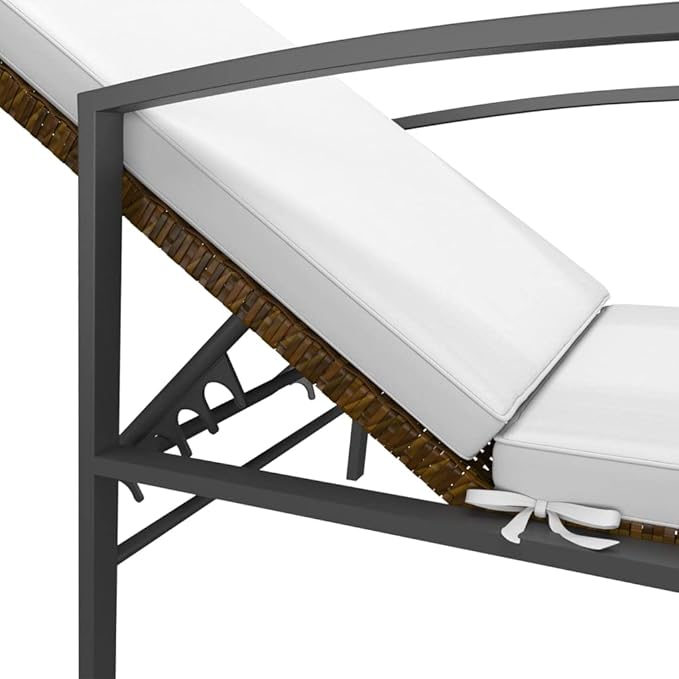 vidaXL 2 pcs Adjustable Sun Loungers with Table, Poly Rattan Brown with Cream White Cushion, Outdoor Garden Patio Furniture, Sturdy Steel Frame