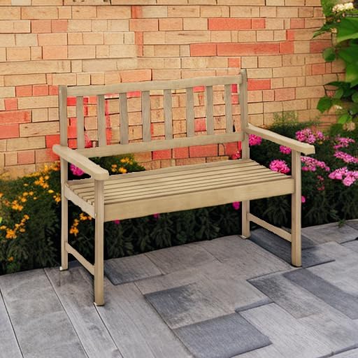 Tangkula Outdoor Teak Wood Garden Bench, 2-Person Patio Bench with Backrest and Armrests, Patio Garden Bench with Slatted Seat for Porch, Lawn, Balcony and Backyard