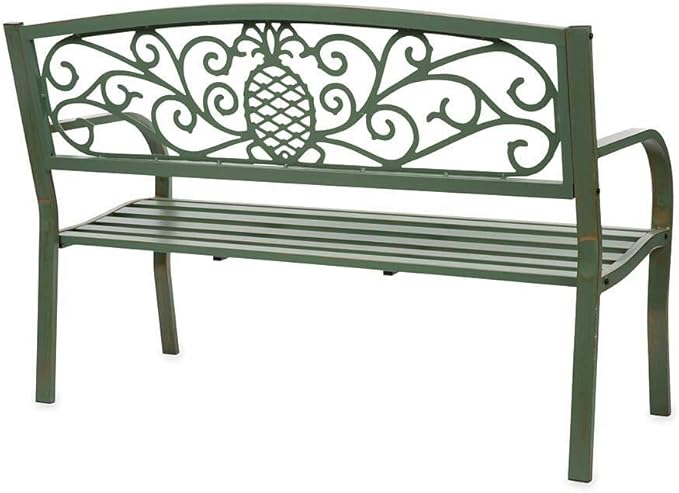 Plow & Hearth Weatherproof Pineapple Outdoor Bench | Holds Up to 300 lbs | Garden Patio Porch Park Deck | Metal | Green