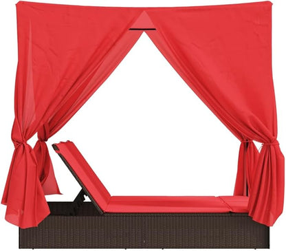 Brown PE Rattan Double Patio Sun Lounger 78.7"x44.9"x77.2" with Adjustable Backrest, Curtains & Roof, All-Weather Outdoor Chaise for Poolside Garden Deck
