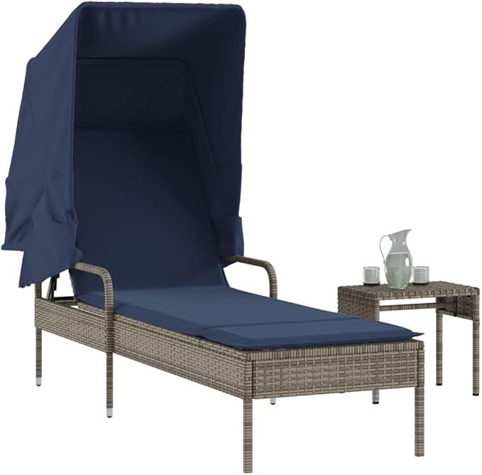 Gray Poly Rattan Sun Lounger with Adjustable Canopy and Side Table, 4-Piece Outdoor Patio Furniture Set - Photo 1