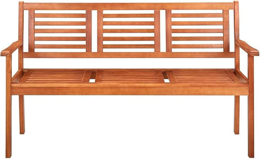 Natural Brown Solid Eucalyptus Wood Large Durable Garden Bench, Traditional Outdoor Seating for Patio Terrace, Spacious 55.1 Inch Wide Comfortable Backrest, Weather Resistant