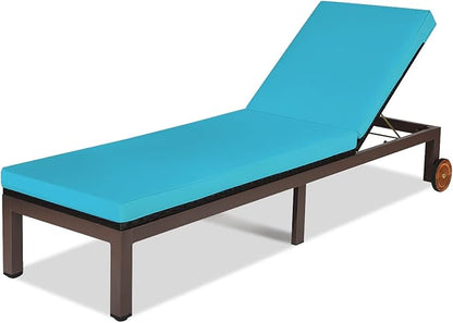 HAPPYGRILL Patio Chaise Lounge Recliner Chair Outdoor Rattan Wicker Lounger Adjustable Position Folding Lounge Chair with Cushion & Wheels for Garden Patio Poolside