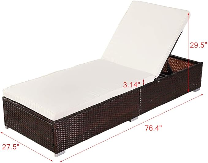 VINGLI Adjustable Backrest Outdoor Patio Wicker Rattan Lounge Chairs,Beach Poolside Chair,Chaise Lounge,Water Repellent Cushions,Beige & Cream White (Brown.)