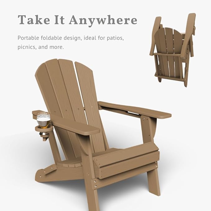 Folding Adirondack Chairs with Cup Holders, Set of 4 HDPE Plastic Outdoor Chairs, Weather Resistant, Real Wood Look - Photo 5