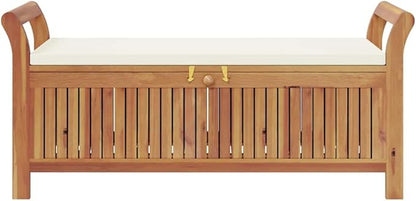 Garden Storage Bench Cream White Natural Wood with Soft Cushion and Durable Acacia Wood Construction for Outdoor Seating and Organizing
