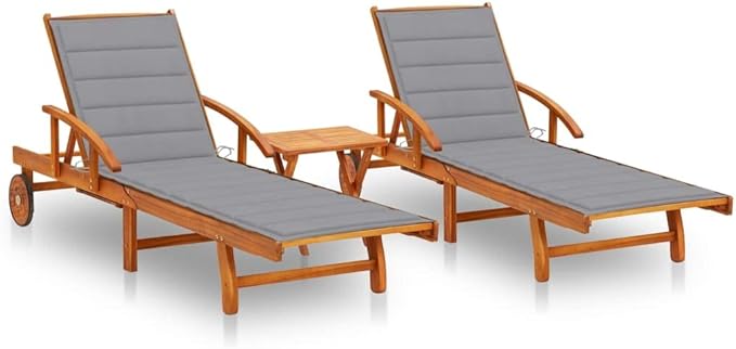 2-Piece Solid Acacia Wood Outdoor Lounge Chairs Set with Foldable Table and Gray Cushions for Pool Deck Patio Backyard - Photo 1