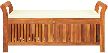 Cream White Outdoor Storage Bench Solid Acacia Wood Garden Patio Furniture with Cushion for 2 People 49.6 Inch Long