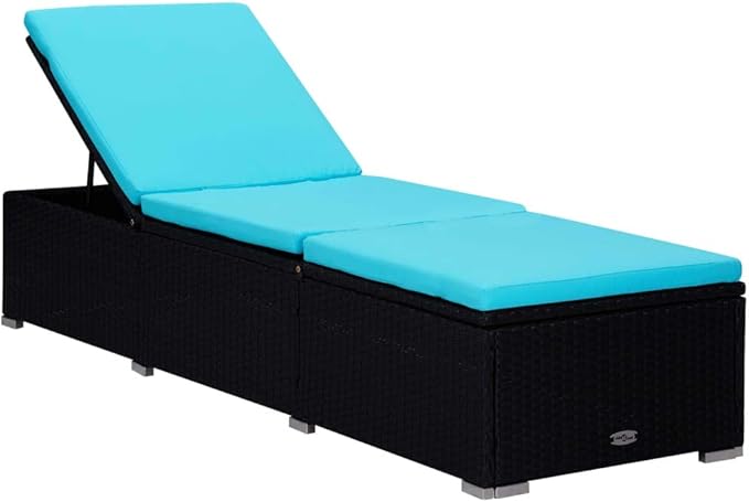 Black PE Rattan Sun Lounger, Powder-Coated Steel Frame, Adjustable Outdoor Chaise Lounge Chair with Cushion - Photo 2