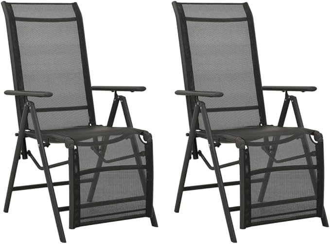 vidaXL Set of 2 Reclining Patio Chairs - Outdoor Comfort with Adjustable Backrest and Footrest - Modern Design Lounge Chairs with Durable Powder-Coated Aluminum Frame and Breathable Textilene - Black