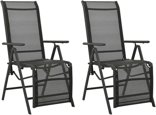 vidaXL Set of 2 Reclining Patio Chairs - Outdoor Comfort with Adjustable Backrest and Footrest - Modern Design Lounge Chairs with Durable Powder-Coated Aluminum Frame and Breathable Textilene - Black