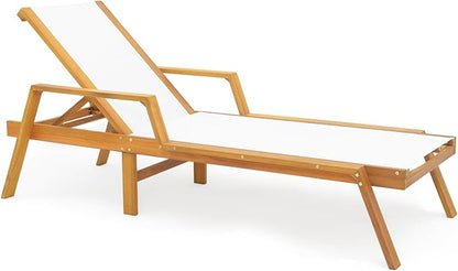 HAPPYGRILL Outdoor Wood Chaise Lounge, Patio Tanning Chaise with Adjustable 5-Position Backrest, Solid Wood Frame, Breathable Fabric, Wood Reclining Lounge Chair for Poolside, Garden, Courtyard