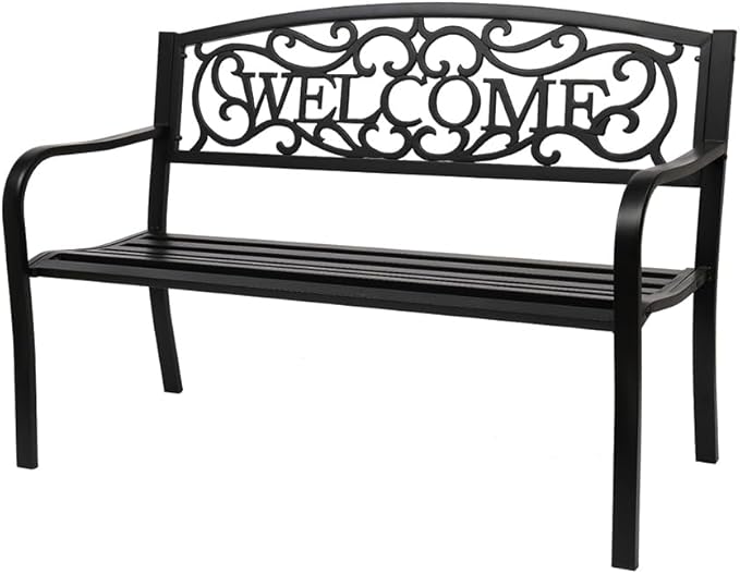 50" Outdoor Garden Bench Patio Park Bench, Cast Iron Park Benches for Park, Porch, Lawn, Balcony, Backyard, Garden Accessories,Welcome Design,Black