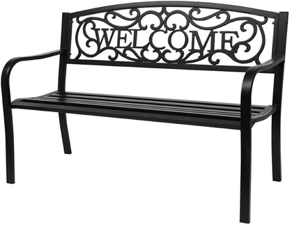 50" Outdoor Garden Bench Patio Park Bench, Cast Iron Park Benches for Park, Porch, Lawn, Balcony, Backyard, Garden Accessories,Welcome Design,Black