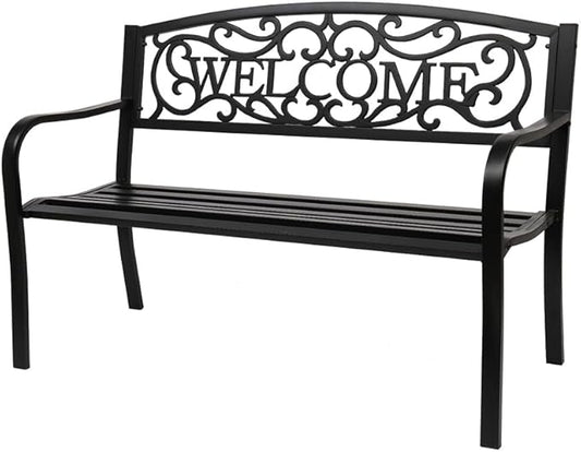 50" Outdoor Garden Bench Patio Park Bench, Cast Iron Park Benches for Park, Porch, Lawn, Balcony, Backyard, Garden Accessories,Welcome Design,Black