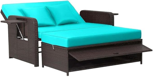 Pemberly Row Contemporary Outdoor Patio Rattan Daybed Lounge, Turquoise Cushions, PE Rattan and Metal Frame, Adjustable Backrest, Retractable Side Trays, Cozy Garden or Patio Double Chaise Lounge