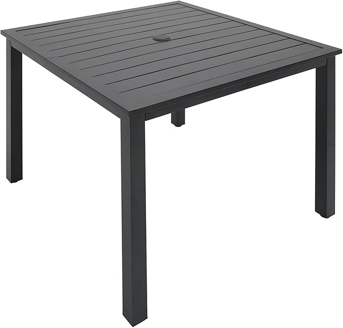 Patio Table for 4, Metal Outdoor Dining Table with E-Coating, Square Steel Slated Outdoor Table with 1.57" Umbrella Hole for Garden Backyard, Black