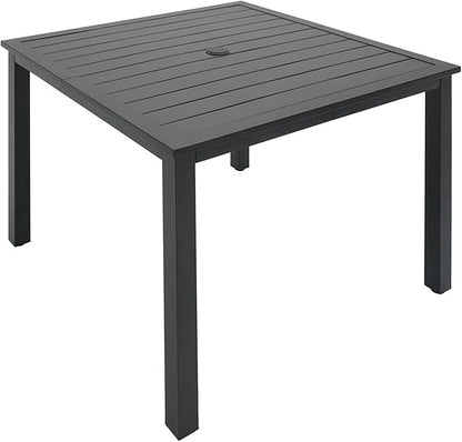 Patio Table for 4, Metal Outdoor Dining Table with E-Coating, Square Steel Slated Outdoor Table with 1.57" Umbrella Hole for Garden Backyard, Black