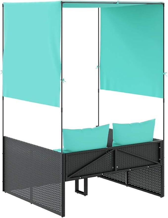 Patio Double Sun Lounger Black PE Rattan, Powder-Coated Steel Frame, Adjustable Canopy, Privacy Curtains, UV-Resistant Outdoor Recliner Outdoor Chaise