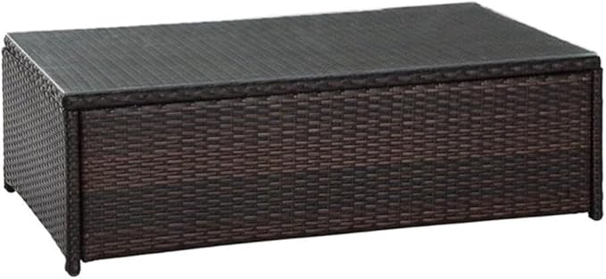 Pemberly Row 44" Glass Top Patio Coffee Table, Brown Finish, Outdoor Resin Wicker with Steel Frame, Tempered Glass Top, UV-Resistant, Stylish Outdoor Coffee Table for Patio or Garden Use
