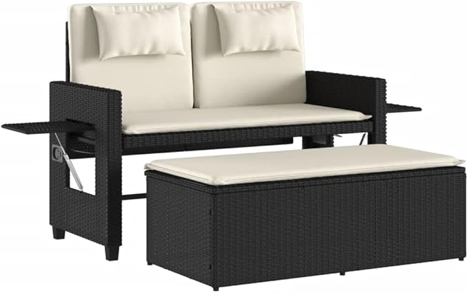 Garden Bench Deck Bench Reclining Patio Bench with Cushions Black Poly Rattan - Photo 2