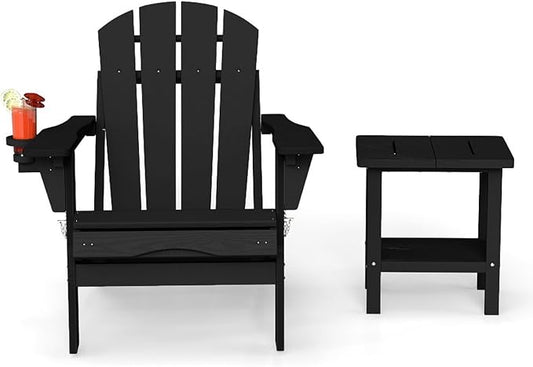 Adirondack Chair with Table Set,HDPE Plastic All Weather Fire Pit Chair with Cup Holder,2-Piece(Black, 1 Chair &1 Table)