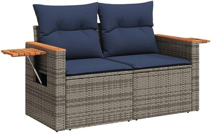 BOWERY HILL 2-Seater Poly Rattan Patio Sofa, Gray Finish, PE Rattan and Steel Frame with Acacia Wood Side Table, Navy Blue Cushions, Storage Space, UV-Proof Outdoor Seating for Garden or Patio Use