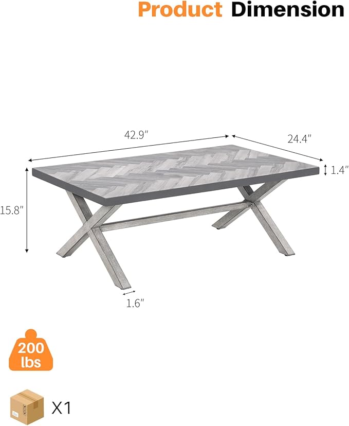 Aluminum Outdoor Coffee Table, All-Weather Rectangle Patio Coffee Table with Resin Tabletop, Modern Aluminum Outdoor Furniture Table for Patio, Poolside, Garden, Balcony, White Oak