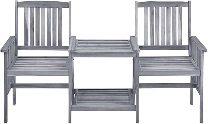 Grey and Beige Solid Acacia Wood Garden Chair with Tea Table, Polyester Cushions, Outdoor Bistro Set for Two, Rustic Patio Furniture with Durable Weather-Resistant Design