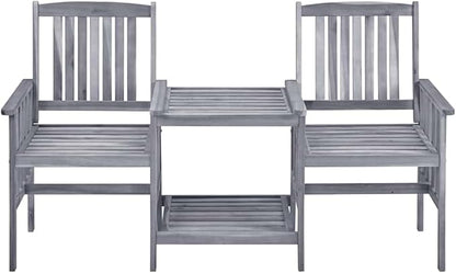 Grey Acacia Wood Garden Chair Set with Tea Table and Cushions for Outdoor Relaxation, Includes Two Armchairs and a Stylish Table for Patio, Balcony, or Garden Use, Durable