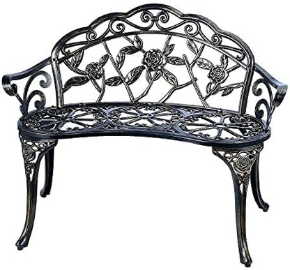 Mandolin Outdoor Park Garden Chair,All Chair Anti Rust Cast Aluminum Patio Yard Bench,Carved Rose Loveseat Bench for Backyard .Porch.Balcony.Lawn (Copper)