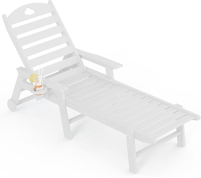 Pool Lounge Chair Outdoor, HDPE Oversize Chaise Lounge Outdoor Chair with Wheels and Cupholder, 6-Position Adjustable, for Pool, Patio, Lawn, Garden, Poolside (White, 1)