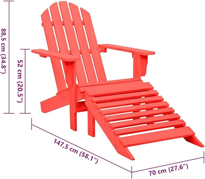 Patio Adirondack Chair with Ottoman Solid Fir Wood Red Outdoor Garden Furniture Comfortable Ergonomically Designed for - Photo 2