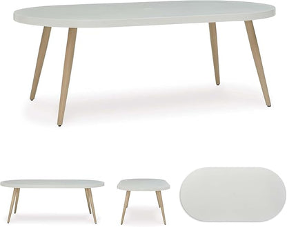 Signature Design by Ashley Seton Creek Casual Aluminum Outdoor Dining Table with Umbrella Hole and Cover Cap, White & Light Brown