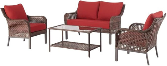 4-Piece Outdoor Conversation Set Includes A Cushioned Loveseat, Two Cushioned Chairs, and A Glass-top Coffee Table