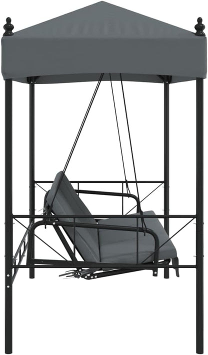 Outdoor Garden Swing Bench with Canopy and Cushions, 3-Seater Patio Swing Bed, Durable Powder-Coated Steel Frame, Dark Grey, 75 Inch Wide